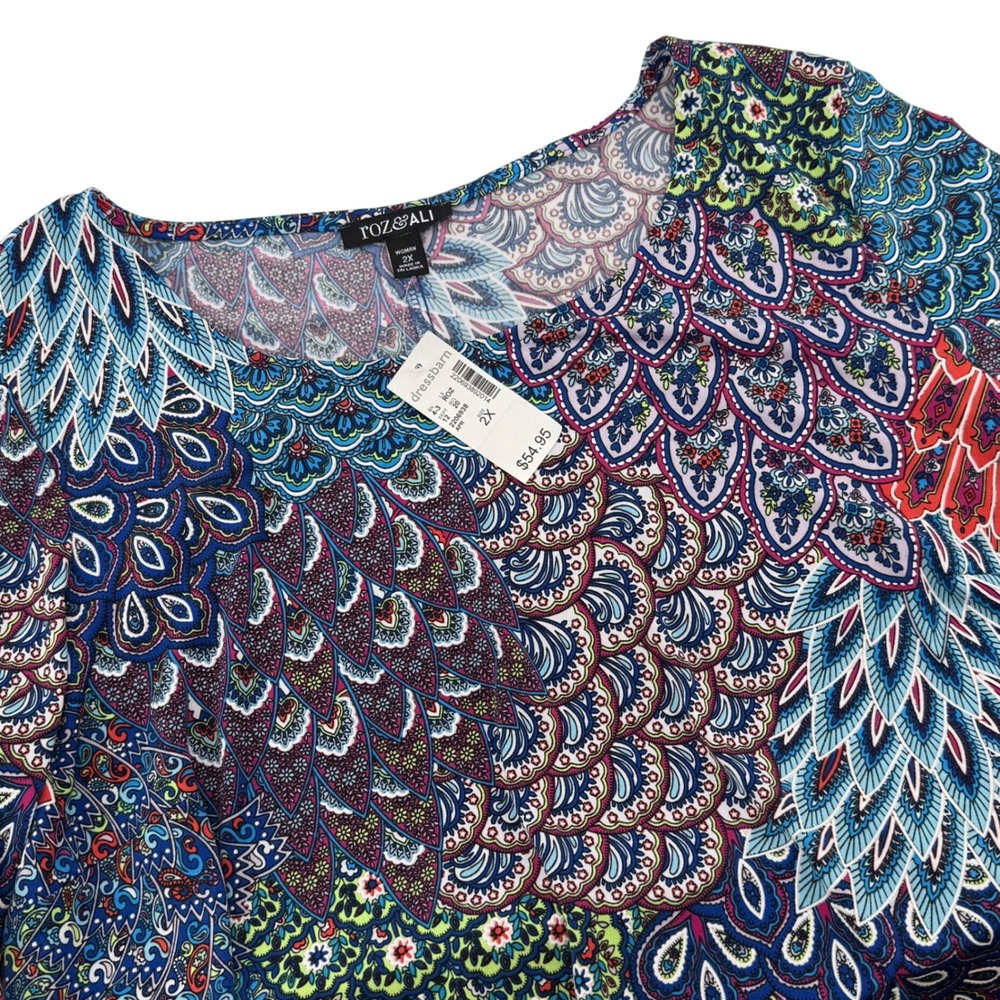 Roz and Ali Dress Women 2X Blue Peacock Feather Print Bell Sleeve‎ V Neck New